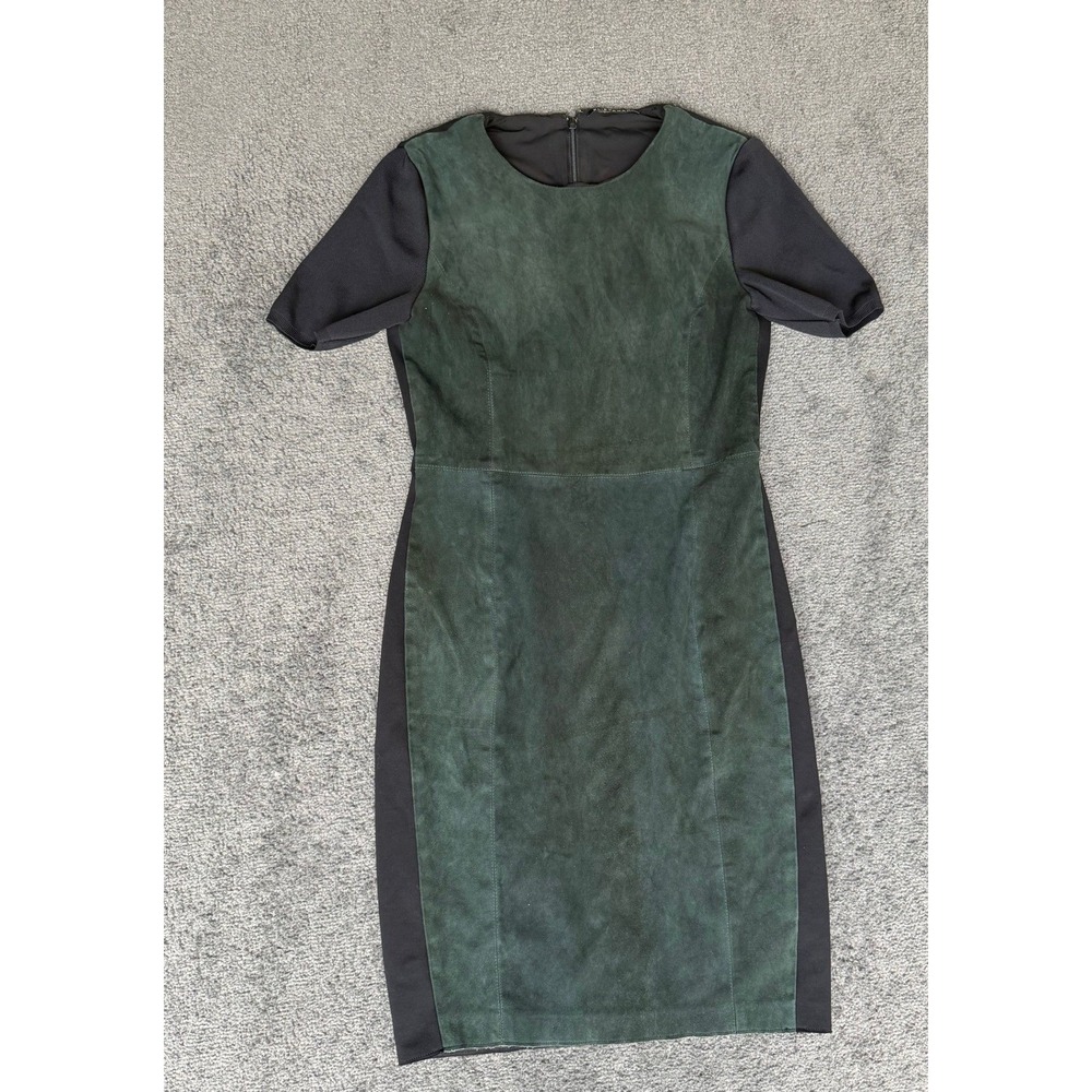 Elie Tahari Green Faux Suede Black Mixed Media Sheath Dress Size 6 E087606